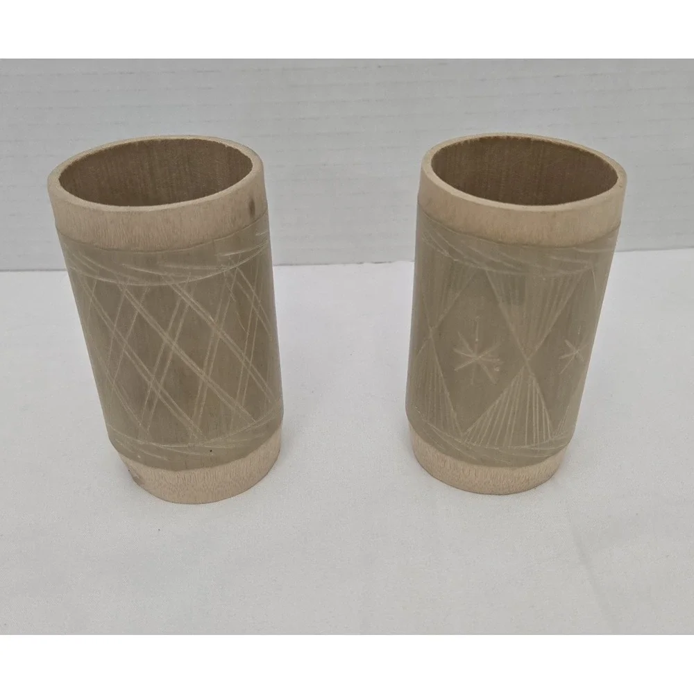 Two Vintage Jamaican‎ Hand Carved Bamboo Tiki Craft Cups Or Vases 4 Inches